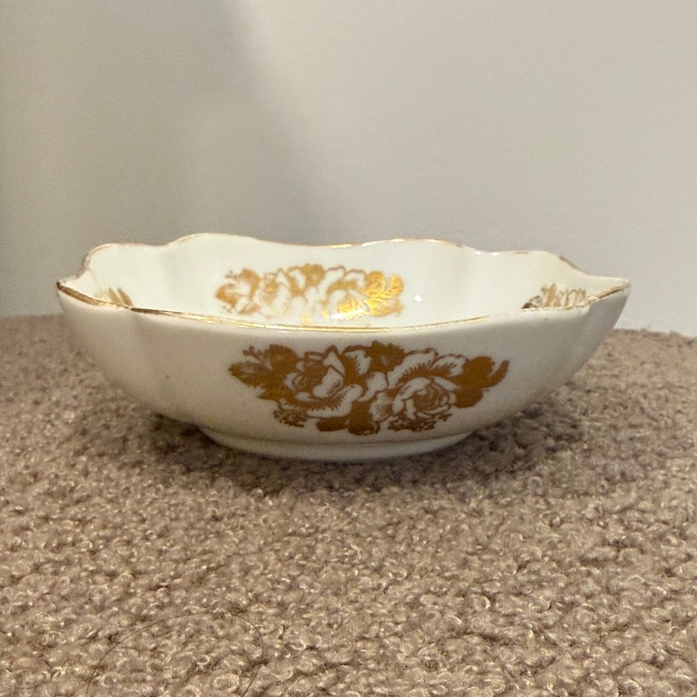 Hand-Painted France Porcelain Bowl with Gold Floral Accent